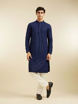 Diwas by Manyavar - Navy Blue Viscose Embroidered Kurta with Pyjama (Set of 2)