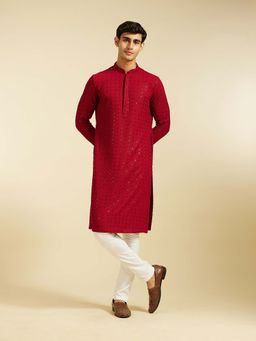 Diwas by Manyavar - Red Viscose Embroidered Kurta with Pyjama (Set of 2)