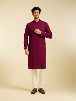 Diwas by Manyavar - Wine Viscose Embroidered Kurta with Pyjama (Set of 2)