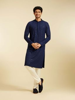 Diwas by Manyavar - Navy Blue Viscose Embroidered Sequined Work Kurta with Pyjama (Set of 2)