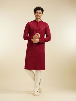 Diwas by Manyavar - Maroon Viscose Embroidered Sequined Work Kurta with Pyjama (Set of 2)