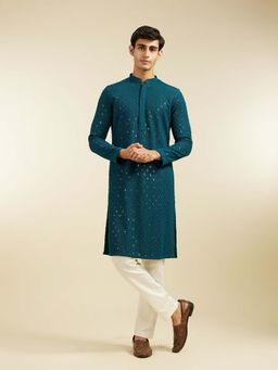 Diwas by Manyavar - Teal Viscose Embroidered Sequined Work Kurta with Pyjama (Set of 2)