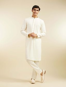 Diwas by Manyavar - Off White Viscose Embroidered Sequined Work Kurta with Pyjama (Set of 2)