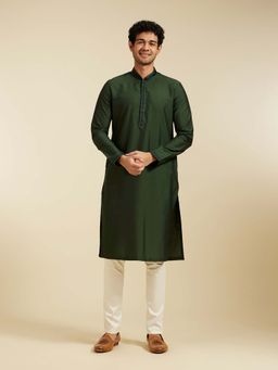 Diwas by Manyavar - Green Viscose Blend Solid Thread Work Kurta with Pyjama (Set of 2)