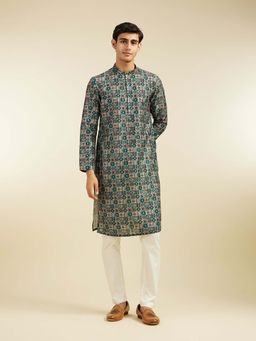 Diwas by Manyavar - Teal Art Silk Printed Kurta with Pyjama (Set of 2)