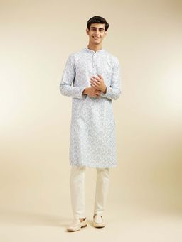 Diwas by Manyavar - Blue Art Silk Printed Embroidered Kurta with Pyjama (Set of 2)