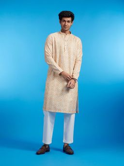 Diwas by Manyavar - Beige Cotton Blend Printed Sequined Work Kurta with Pyjama (Set of 2)
