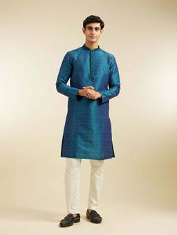 Diwas by Manyavar - Teal Art Silk Embroidered Sequined Work Kurta with Pyjama (Set of 2)