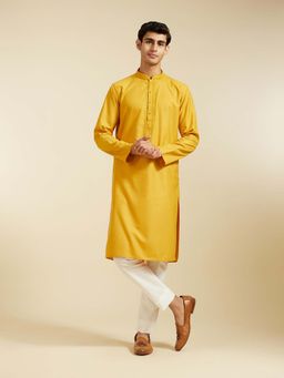 Diwas by Manyavar - Mustard Viscose Blend Solid Embroidered Kurta with Pyjama (Set of 2)