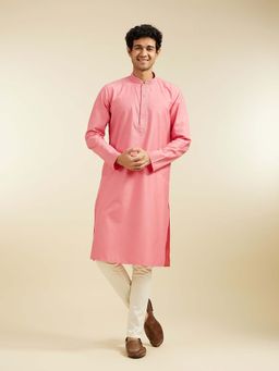Diwas by Manyavar - Pink Viscose Blend Solid Embroidered Kurta with Pyjama (Set of 2)
