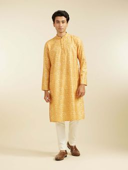 Diwas by Manyavar - Mustard Cotton Blend Printed Kurta with Pyjama (Set of 2)