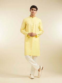 Diwas by Manyavar - Yellow Cotton Jacquard Woven Kurta with Pyjama (Set of 2)