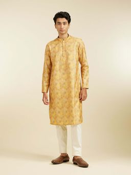 Diwas by Manyavar - Mustard Cotton Blend Printed Kurta with Pyjama (Set of 2)