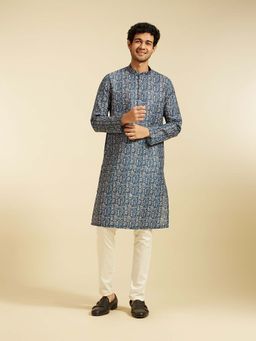 Diwas by Manyavar - Navy Blue Viscose Blend Printed Kurta with Pyjama (Set of 2)