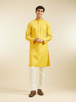 Diwas by Manyavar - Yellow Cotton Jacquard Woven Kurta with Pyjama (Set of 2)