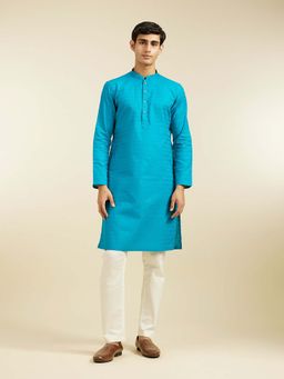 Diwas by Manyavar - Blue Cotton Jacquard Woven Kurta with Pyjama (Set of 2)