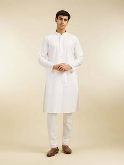 Diwas by Manyavar - White Cotton Solid Woven Kurta with Pyjama (Set of 2)
