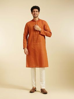 Diwas by Manyavar - Orange Cotton Jacquard Woven Kurta with Pyjama (Set of 2)