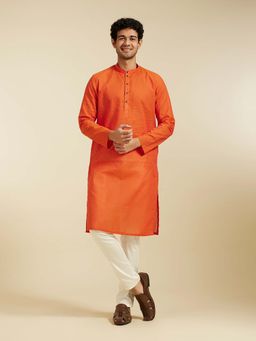 Diwas by Manyavar - Orange Cotton Woven Kurta with Pyjama (Set of 2)