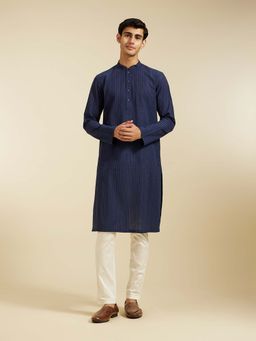 Diwas by Manyavar - Navy Blue Cotton Printed Kurta with Pyjama (Set of 2)