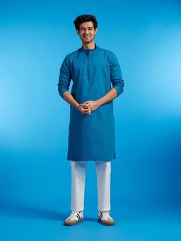 Diwas by Manyavar - Blue Cotton Blend Jacquard Woven Kurta with Pyjama (Set of 2)