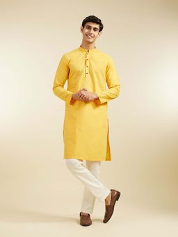 Diwas by Manyavar - Yellow Cotton Blend Jacquard Woven Kurta with Pyjama (Set of 2)
