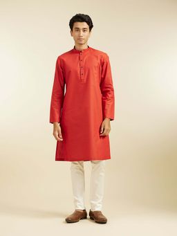 Diwas by Manyavar - Red Cotton Blend Jacquard Woven Kurta with Pyjama (Set of 2)
