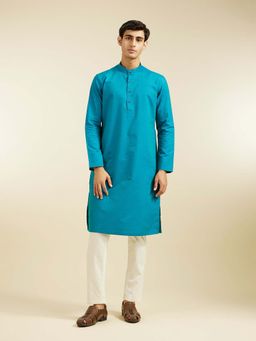 Diwas by Manyavar - Blue Cotton Blend Jacquard Woven Kurta with Pyjama (Set of 2)