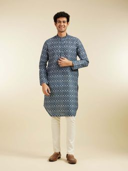 Diwas by Manyavar - Navy Blue Cotton Blend Printed Kurta with Pyjama (Set of 2)
