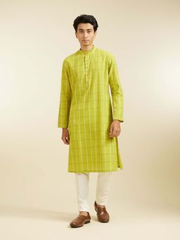 Diwas by Manyavar - Green Cotton Checkered Woven Kurta with Pyjama (Set of 2)