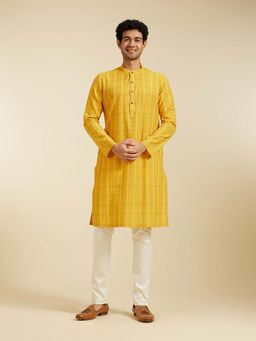 Diwas by Manyavar - Mustard Cotton Checkered Woven Kurta with Pyjama (Set of 2)