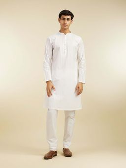 Diwas by Manyavar - White Cotton Striped Woven Kurta with Pyjama (Set of 2)