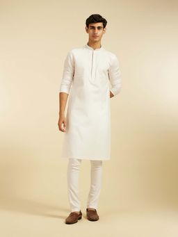 Diwas by Manyavar - White Cotton Woven Stone Work Kurta with Pyjama (Set of 2)