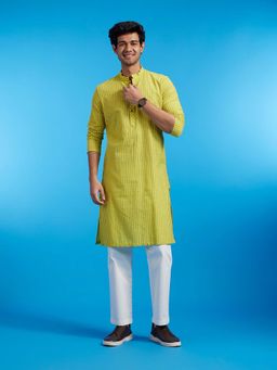 Diwas by Manyavar - Green Cotton Stripes Woven Kurta with Pyjama (Set of 2)