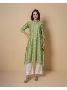 Kameez - Mint Green Chanderi Embroidered Kurta with Palazzo (Set of 2)