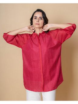 Kameez - Pinkish Red Chanderi Embroidered Shirt with Slip (Set of 2)