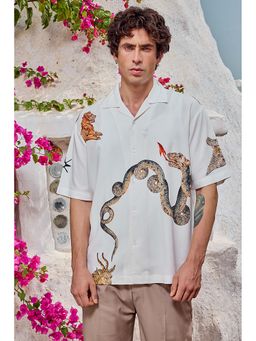 Snitch - White Printed Half Sleeves Relaxed Casual Luxe Shirt