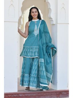 Mulmul - Sachi Block Printed Kurti-Sharara and Dupatta (Set of 3)