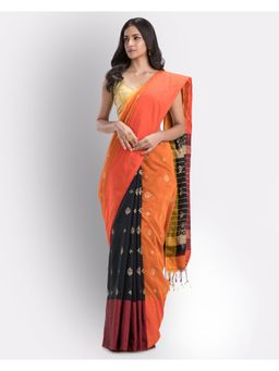 Angoshobha - Handwoven Printed Festive Cotton Blend Saree -Orange Black with Unstitched