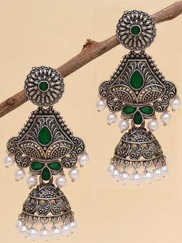 Karatcart - Oxidised Silver Handcrafted Green Long Dangler Jhumki Earrings for Women