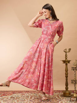 Globus - Pink V-Neck Puff Sleeves Flared Leg Jumpsuit with Belt (Set of 2)