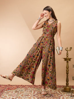 Globus - Mustard V-Neck Sleeveless Flared Leg Fusion Jumpsuit with Belt (Set of 2)