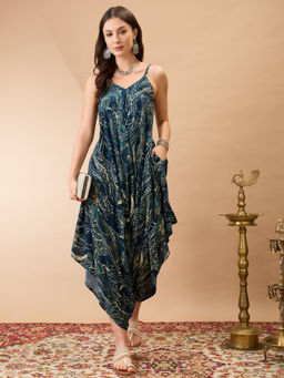 Globus - Teal Floral Print V-Neck Shoulder Strap Dhoti Style Fusion Jumpsuit
