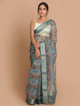 Indethnic - Banarasi Turquoise Blue Printed Party Wear Saree With Unstitched Blouse