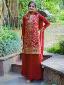 Libas Art - Red Floral Embellished Silk Blend Kurta with Palazzo and Dupatta (Set of 3)