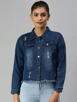 SHOWOFF - Women Spread Collar Long Sleeves Navy Blue Jacket