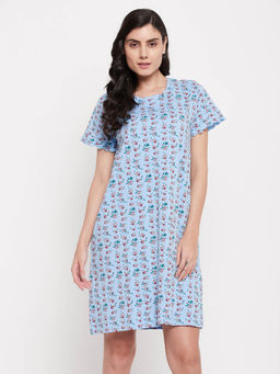Clovia - Floral Print Short Night Dress-blue