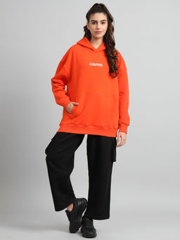 Griffel - Women Oversized Fit Front Logo Cotton Fleece Orange Hoodie and Trackpants (Set of 2)