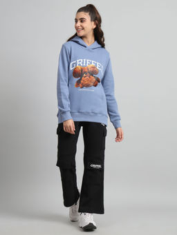 Griffel - Women Regular Fit Bear Print Front Logo Cotton Sky Hoodie and Trackpants (Set of 2)