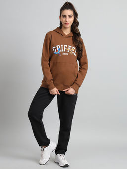 Griffel - Women Regular Fit Birds Print Front Logo Cotton Brown Hoodie and Trackpants (Set of 2)